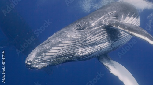 Fantastic closeup humpback whale gently dancing in blue water close to surface, light shimmering. Concept of natural habitat wildlife marine animals of Tonga. Underwater shot full body whale.