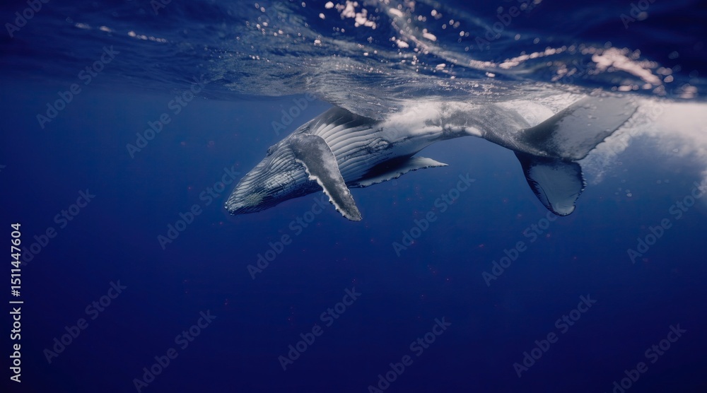 Fototapeta premium Fantastic closeup humpback whale gently dancing in blue water close to surface, light shimmering. Concept of natural habitat wildlife marine animals of Tonga. Underwater shot full body whale.