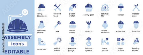 Editable assembly line icons with clean line art style, ideal for manufacturing, industry, automation, and workflow visuals.