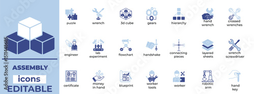 Editable assembly line icons with clean line art style, ideal for manufacturing, industry, automation, and workflow visuals.