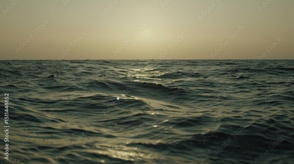Obraz premium Tranquil ocean view with calm waves under golden sunset, minimalist seascape with copy space, conveying peace, relaxation and freedom of coastal life. 