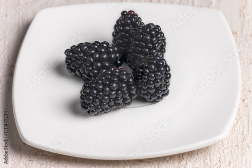 Minimalist Close-Up of Fresh Blackberries on White Plate