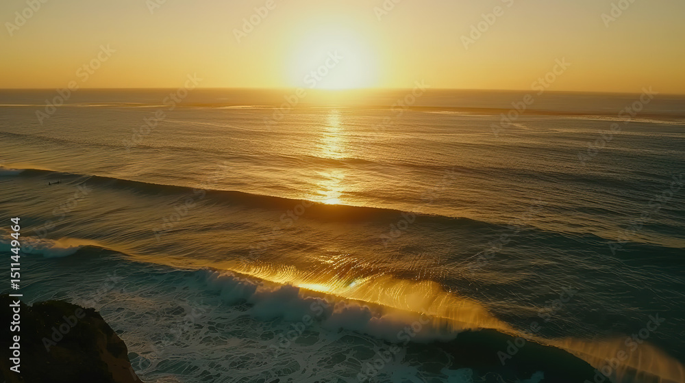 Obraz premium Tranquil ocean view with calm waves under golden sunset, minimalist seascape with copy space, conveying peace, relaxation and freedom of coastal life. 