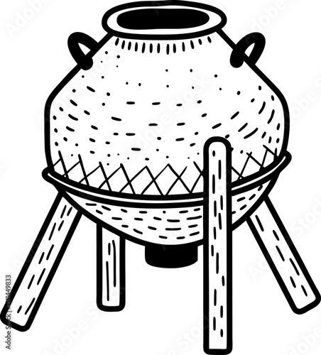 traditional clay tandoor oven illustration with wooden base hand drawn rustic cookware design