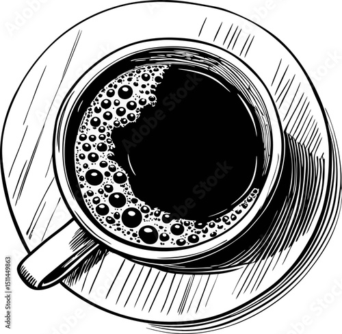 Illustration of a coffee cup with plate from above black and white sketch, fresh brew coffee art