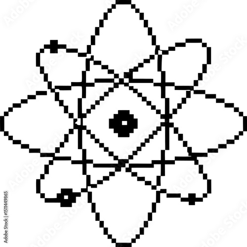 pixelated atomic structure diagram simplified atomic model, representing electrons orbiting nucleus in pixel art