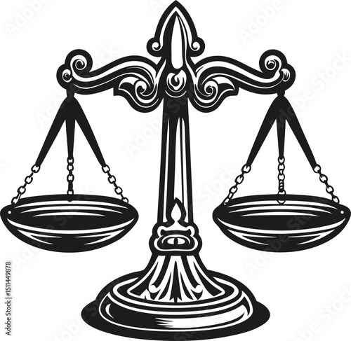 intricate justice scales illustration classic black and white balance symbol of law, fairness, and equality