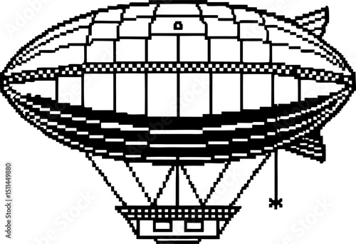 pixel art zeppelin airship vintage dirigible, retro flight technology in black and white