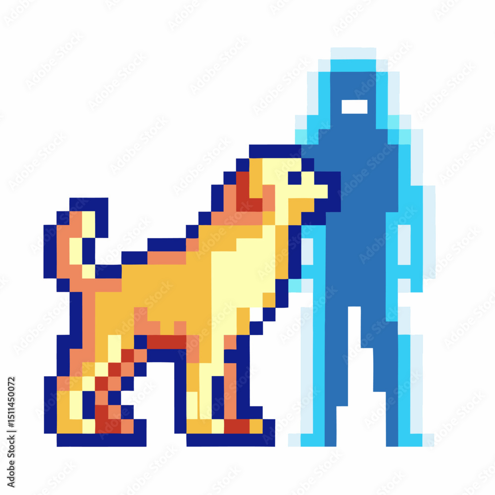 Fototapeta premium Pixel art dog and human silhouette retro digital friendship and futuristic interaction