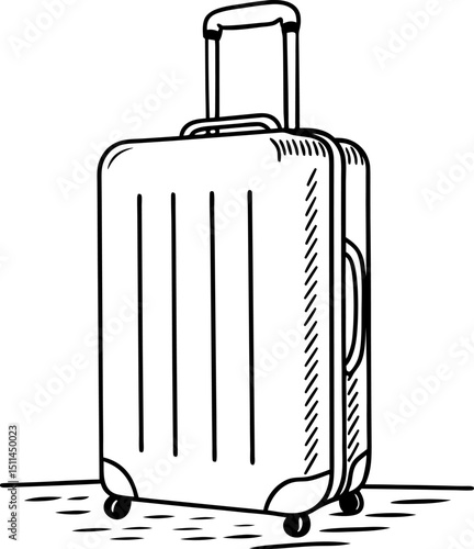 rolling suitcase illustration travel luggage, black and white line drawing, minimalist