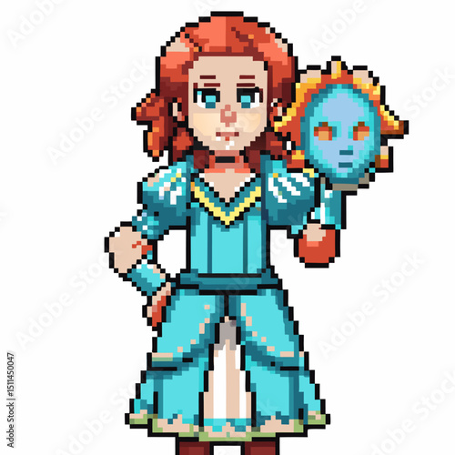 pixel art character holding mask, fantasy game design retro pixelated woman with blue dress, vibrant colors