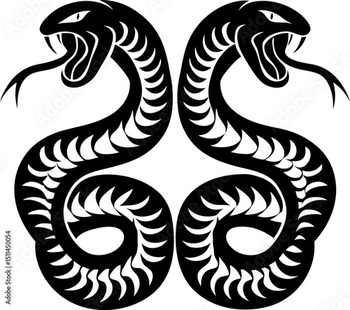 Symmetrical twin serpents motif, black intricate design, coiled snake emblem, menacing dual reptiles