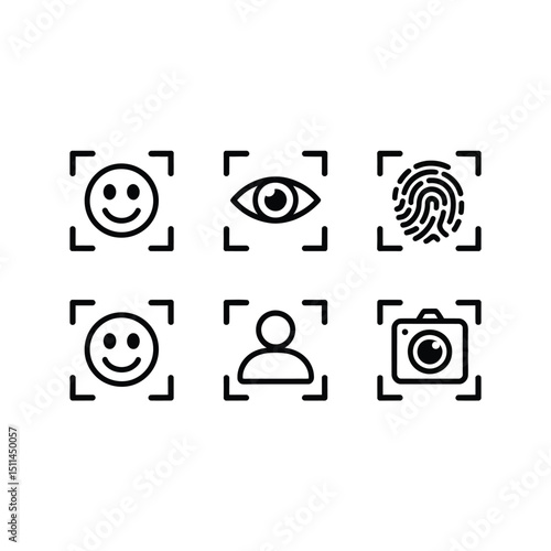 Biometric Identification Icons Set Face, Eye, Fingerprint, User, Camera