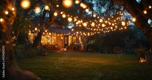 Illuminated backyard at night with string lights