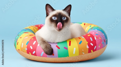 Siamese Cat Licking Nose in Donut Float on Blue