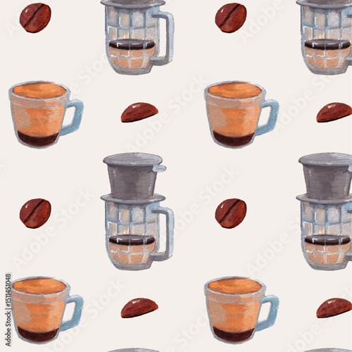Vietnam coffee cups and beans watercolor pattern. Egg coffee and phin coffee painting elements. Brown cute beverage and drink background. Hand drawn wallpaper for restaurants and cafe shops. 