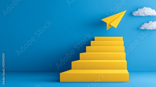 Yellow Stairs Leading to Paper Airplane Symbolizing Progress, Ambition, and Success Blue Background .