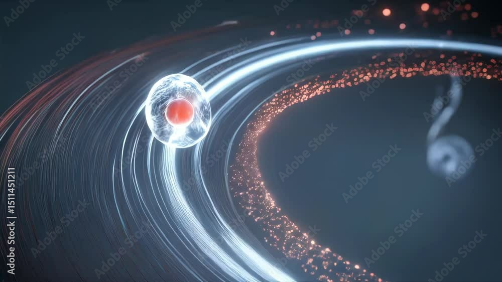 Abstract rendition featuring a glowing core within a spherical shell, surrounded by rings of light and particles in motion.