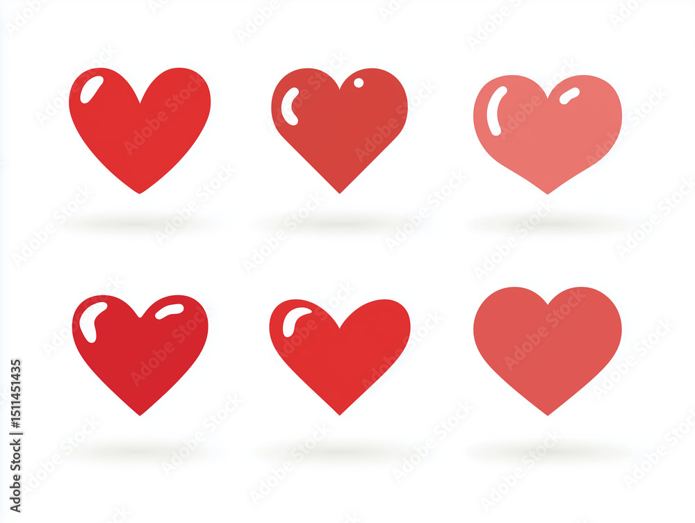Collection of red heart shapes isolated on white background, representing love, romance, and Valentine's Day in a simple and sweet design Collection of red heart shapes isolated on white background, representing love, romance, and Valentine's Day in a simple and sweet design