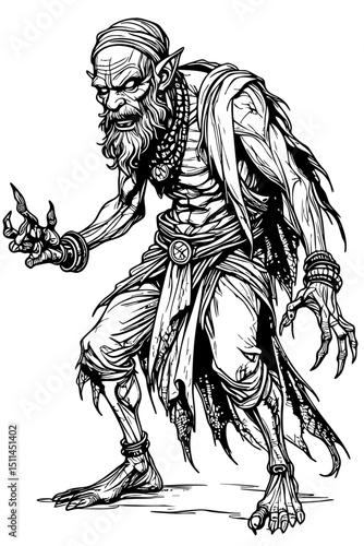 Black and White Illustration of Dark Sorcerer or Cursed Elder – Hand-Drawn Fantasy Character with Claws for Horror, Mythology, and Game Concept Art

