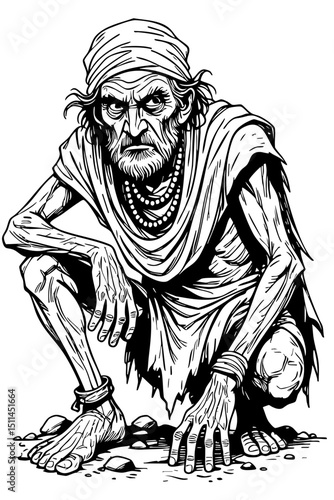 Black and White Illustration of Crouching Elderly Man – Hand-Drawn Tribal or Mystical Character Art for Folklore, Comics, and Concept Design