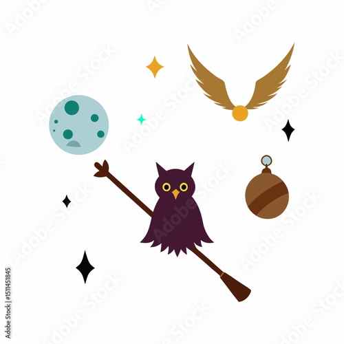 Magical Wizarding World Elements with Owl on Broomstick and Golden Snitch