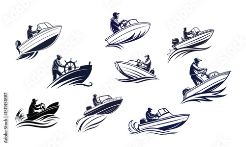 vector silhouette design, Speed and Sea Motorboat Adventures, Set of vector-style illustrations of men riding motorboats in various dynamic poses. Each boat is shown in motion, 