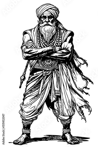 Black and White Illustration of Elder Mystic Warrior with Folded Arms – Hand-Drawn Character in Traditional Robes for Fantasy, Mythology, and Concept Art