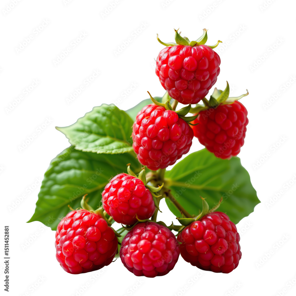 Fresh Organic Raspberries on Branch with Green Leaves Isolated on White Background for Healthy Food Concept Fresh Organic Raspberries on Branch with Green Leaves Isolated on White Background for Healthy Food Concept