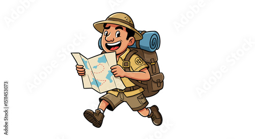 Illustration of a happy hiker looking at map for outdoor adventure trip