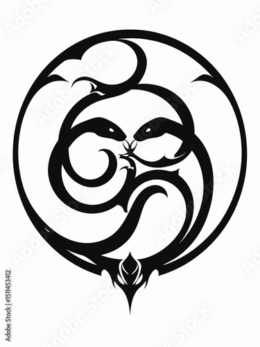 two black snakes eating their tails and knotted to fill a circular shape Ouroboros symbol silhouette