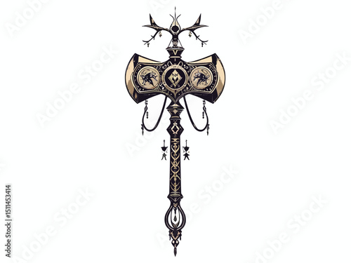 Vking hammer thor amulet with runes Isolated on white background. Hand drawn design element for poster