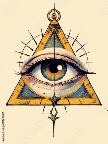 All seeing eye in delta triangle Pyramid and freemasonry icon, new world order emblem
