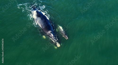 Bowhead whale family swimming together in calm blue ocean water, Mother cares calf. Aerial view pod of bowhead whale spouting hug play. Whale watching of migrate Baleen whales South Africa. Shark