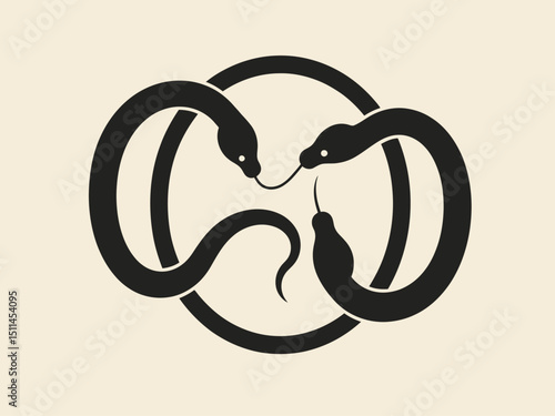 two black snakes eating their tails and knotted to fill a circular shape Ouroboros symbol silhouette 