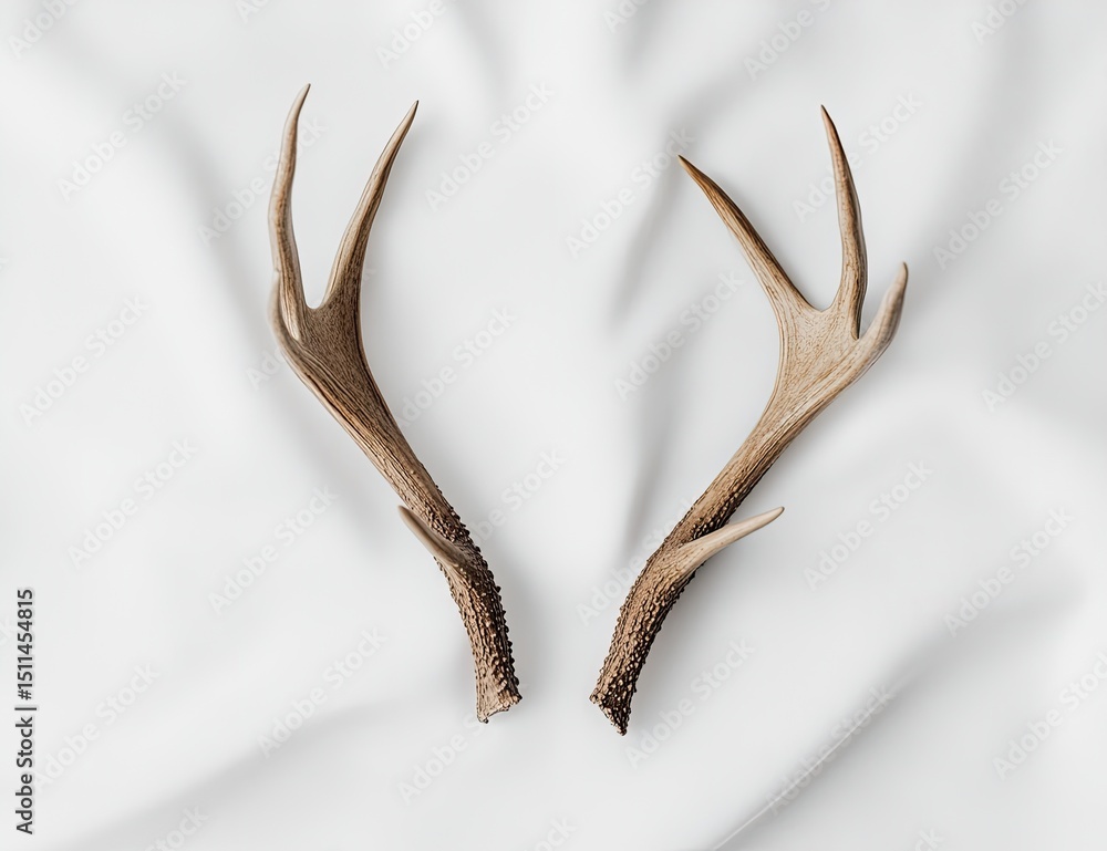 Obraz premium Two deer antlers on white fabric