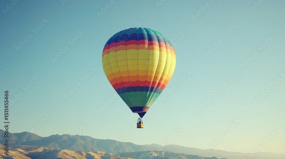 Fototapeta premium Colorful Hot Air Balloon Floating in Clear Blue Sky Over Mountains