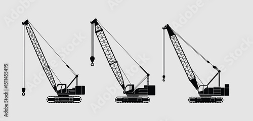 Three Black Silhouettes of Crawler Cranes on Gray Background