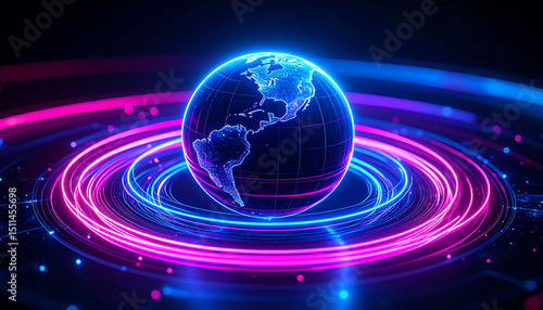 Fototapeta Naklejka Na Ścianę i Meble -  A glowing globe surrounded by vibrant, swirling neon rings, representing a digital world interconnected by technology and energy
