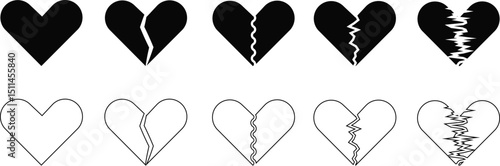 Heartbreak icon set. Broken heart or divorce vector collection isolated on transparent background. Outline drawing broken red hearts line clipart breakup symbol for apps and websites