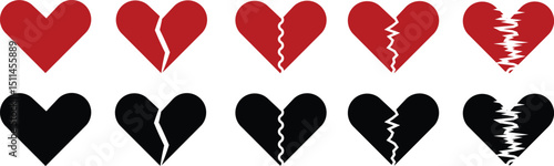 Heartbreak icon set. Broken heart or divorce vector collection isolated on transparent background. Outline drawing broken red hearts line clipart breakup symbol for apps and websites