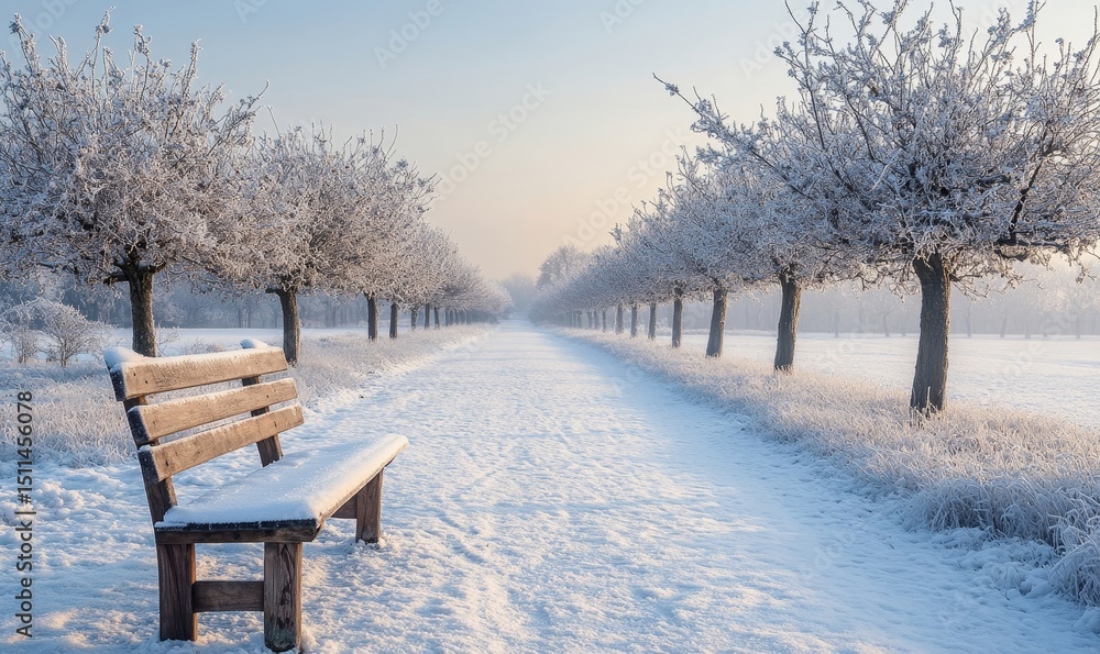 tranquil winter orchard with rows of frosted apple trees and a rustic wooden bench, Generative AI tranquil winter orchard with rows of frosted apple trees and a rustic wooden bench, Generative AI