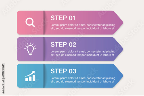 Three vertical step infographic cards with ribbon icons