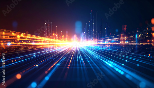 A vibrant digital landscape featuring glowing lines and particles, suggesting movement and energy in a futuristic setting