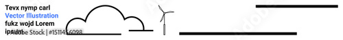Simplistic design featuring a cloud, wind turbine, and black horizontal lines, representing clean energy, sustainability, nature, and minimalism. Ideal for renewable energy, environment technology