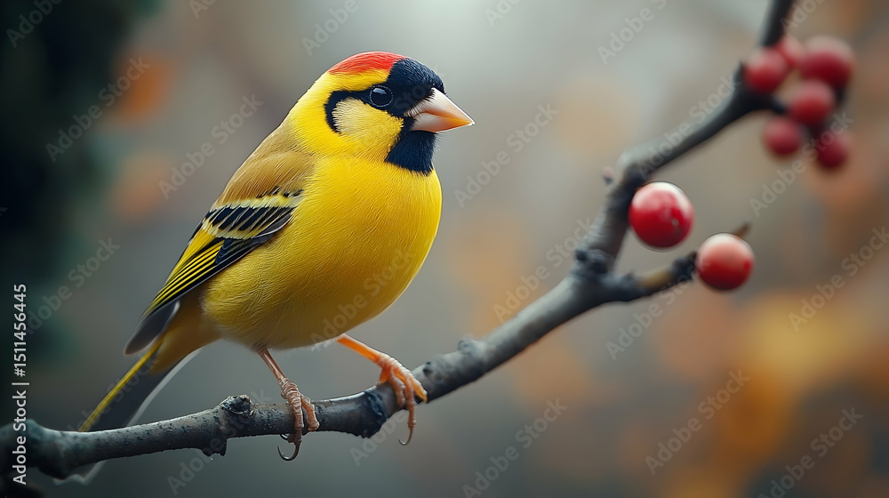 Naklejka premium Vibrant yellow bird perched on a branch with red berries.