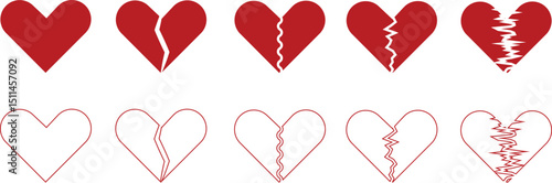 Heartbreak icon set. Broken heart or divorce vector collection isolated on transparent background. Outline drawing broken red hearts line clipart breakup symbol for apps and websites