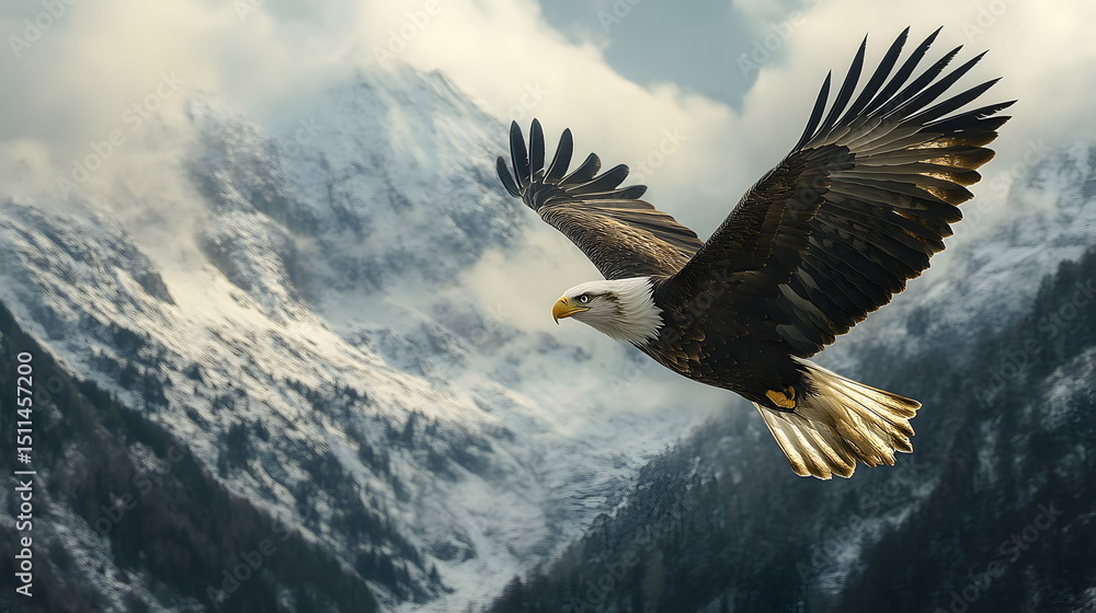Obraz premium Majestic eagle soaring above snow-capped mountains.