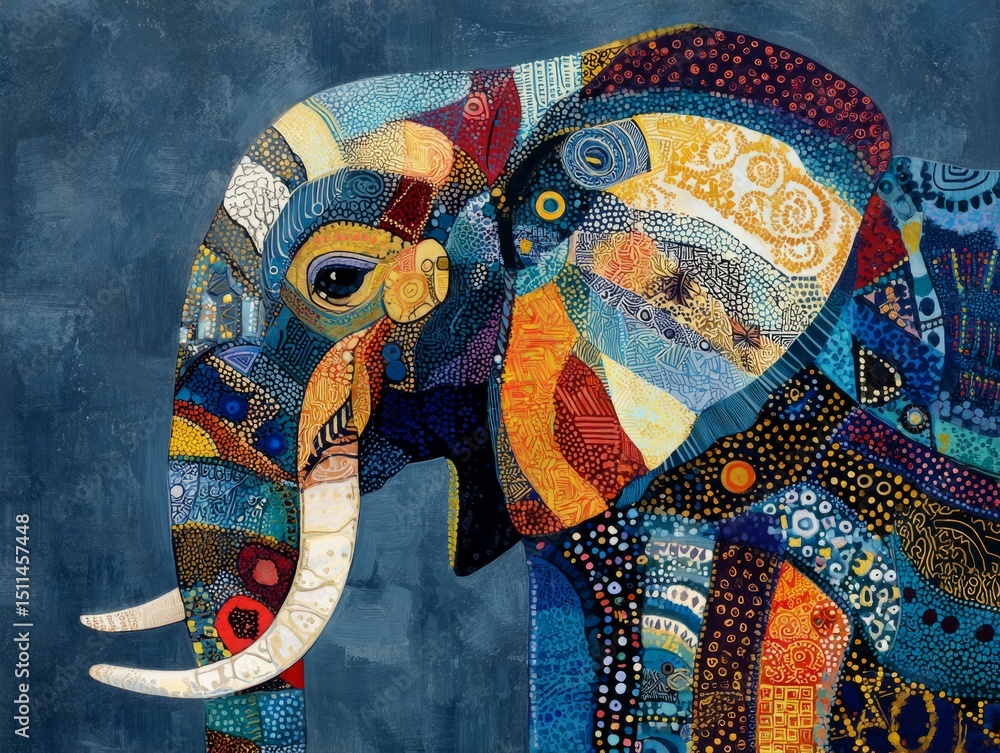 Obraz premium Vibrant elephant portrait created using pointillism technique showcasing intricate patterns and colors