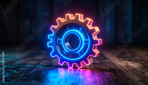 A neon-lit gear sits on a wooden surface, symbolizing innovation and technology in a visually striking manner